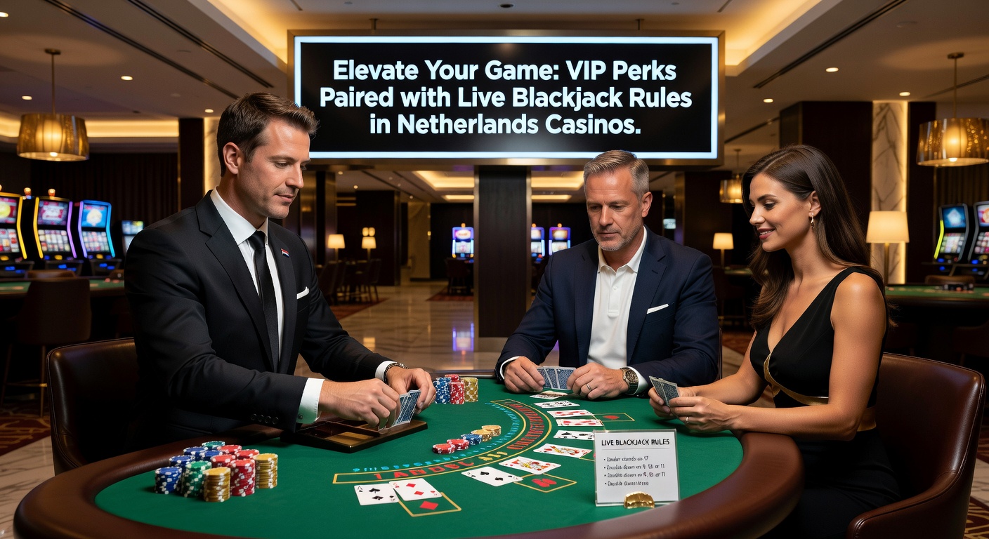Elegante VIP-tafel met live blackjack dealer in een Nederlands casino, spotlight op kaarten en fiches