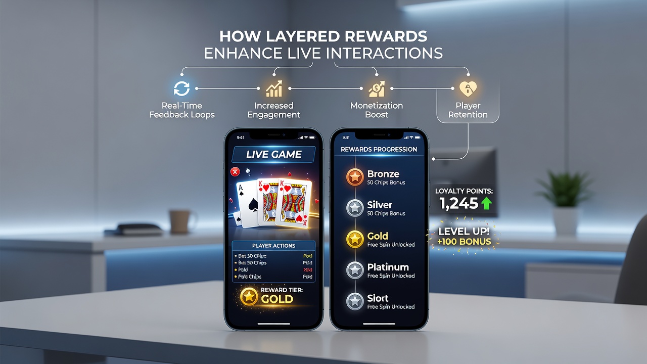 Mobiele live casino interface met beloningsniveaus en interactieve dealer elementen