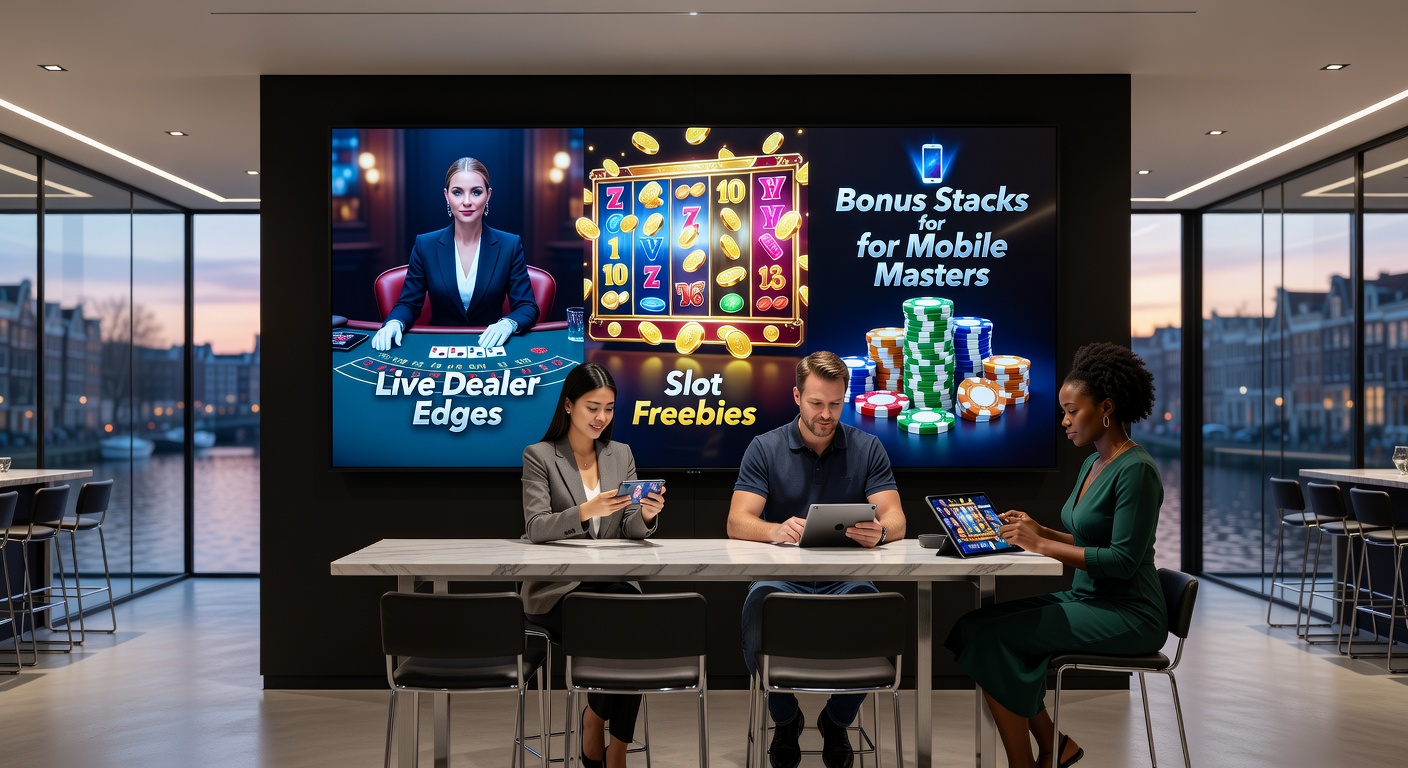 Mobiele speler met stacked bonuses op slots in een VIP-app, met live dealer op achtergrond