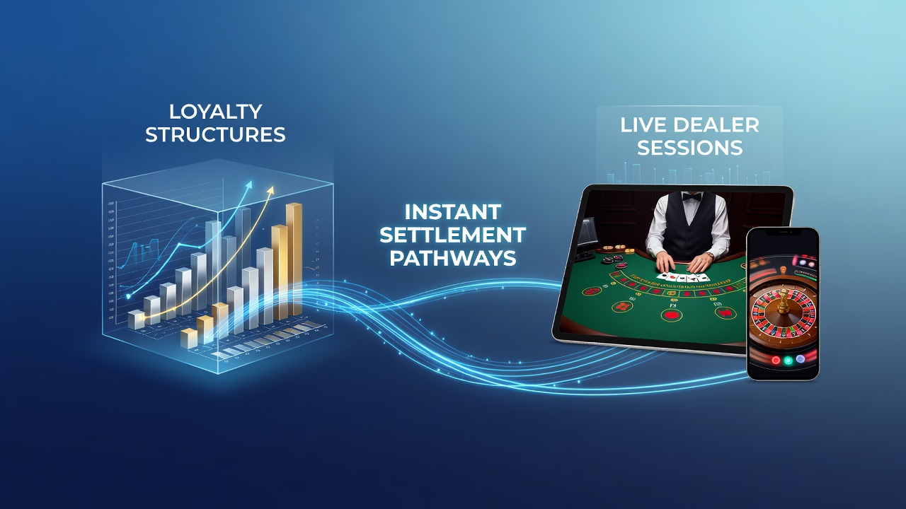 Overzicht van mobiele casino interfaces die loyaliteitsdata verbinden met live dealer streams en directe transactiepaden