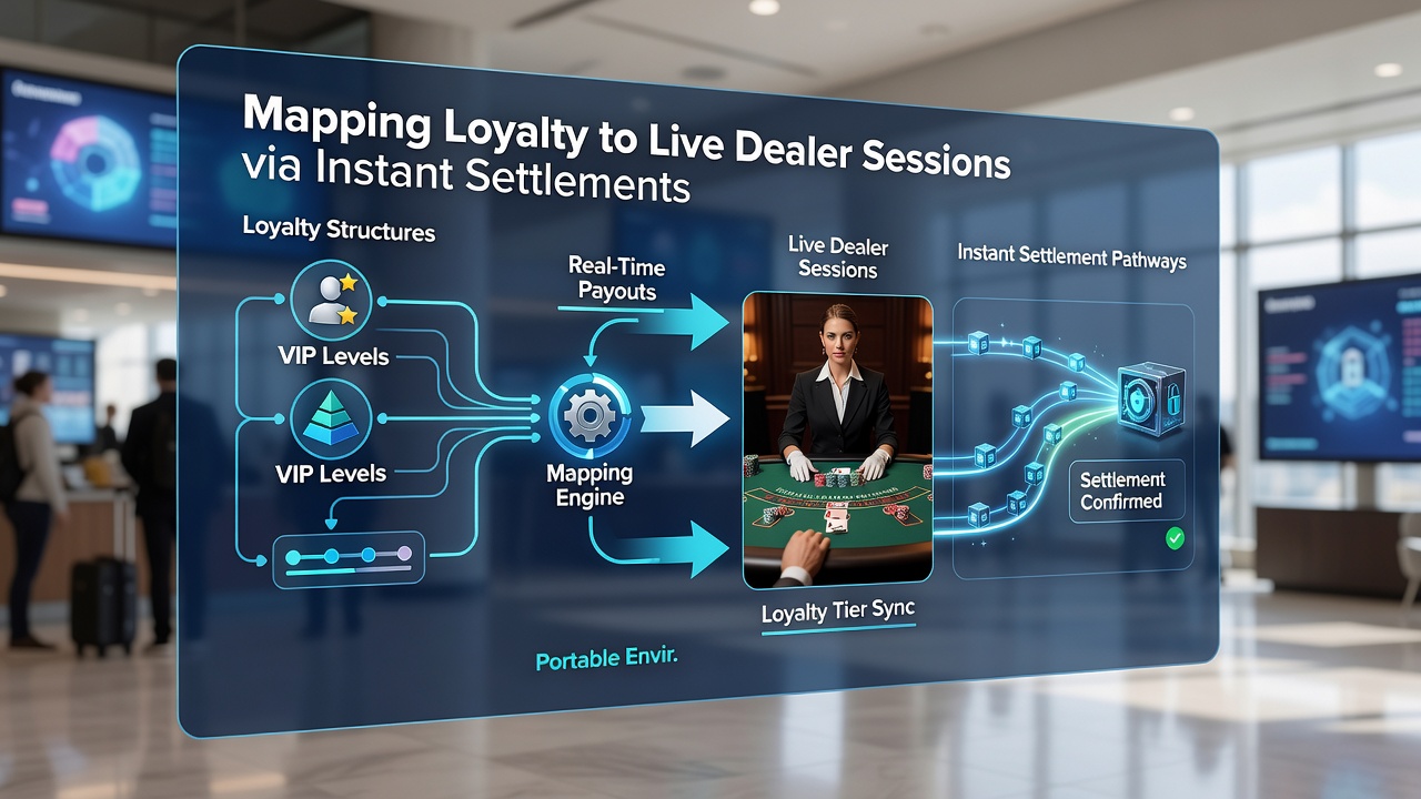 Diagram van live dealer integratie met loyaliteitsmapping en settlement flows op tablets
