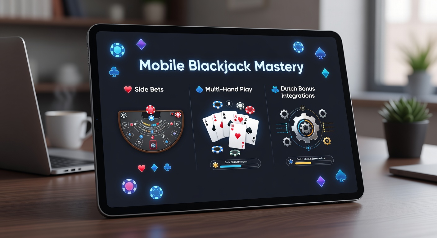 Multi-hand blackjack op mobiel scherm met side bets geactiveerd, kaarten verdeeld over drie handen