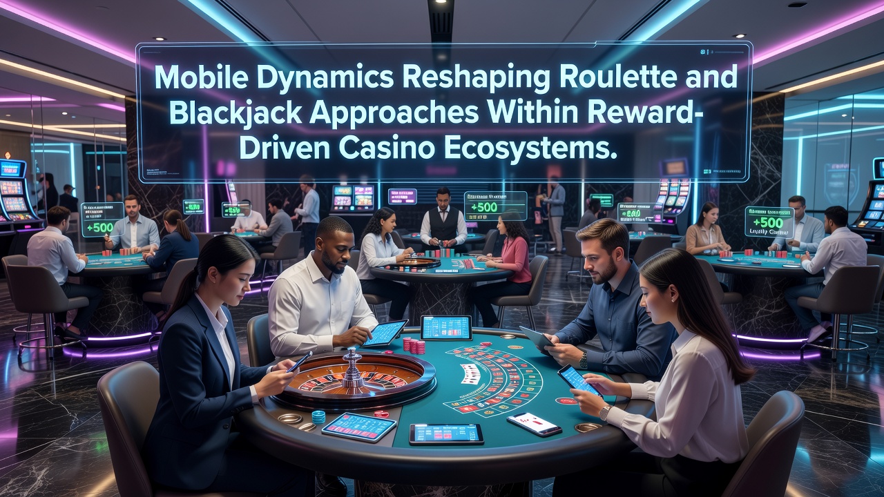Mobiele apparaten tonen dynamische roulette- en blackjackinterfaces met beloningsmeldingen in casino-apps