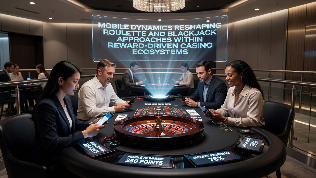 Smartphone scherm met blackjack tafel en beloningsdashboard in een casino app omgeving