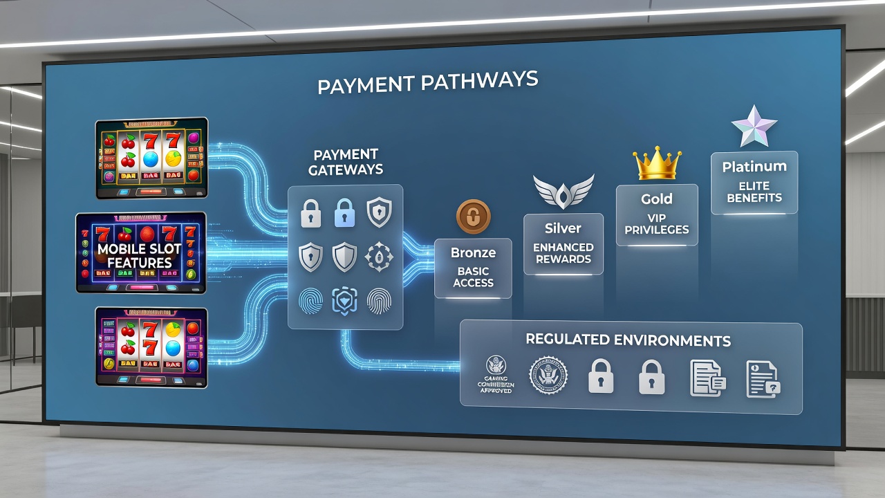 Diagram van betalingsintegratie met slotfeatures en loyaliteitstiers in mobiele casino-omgevingen