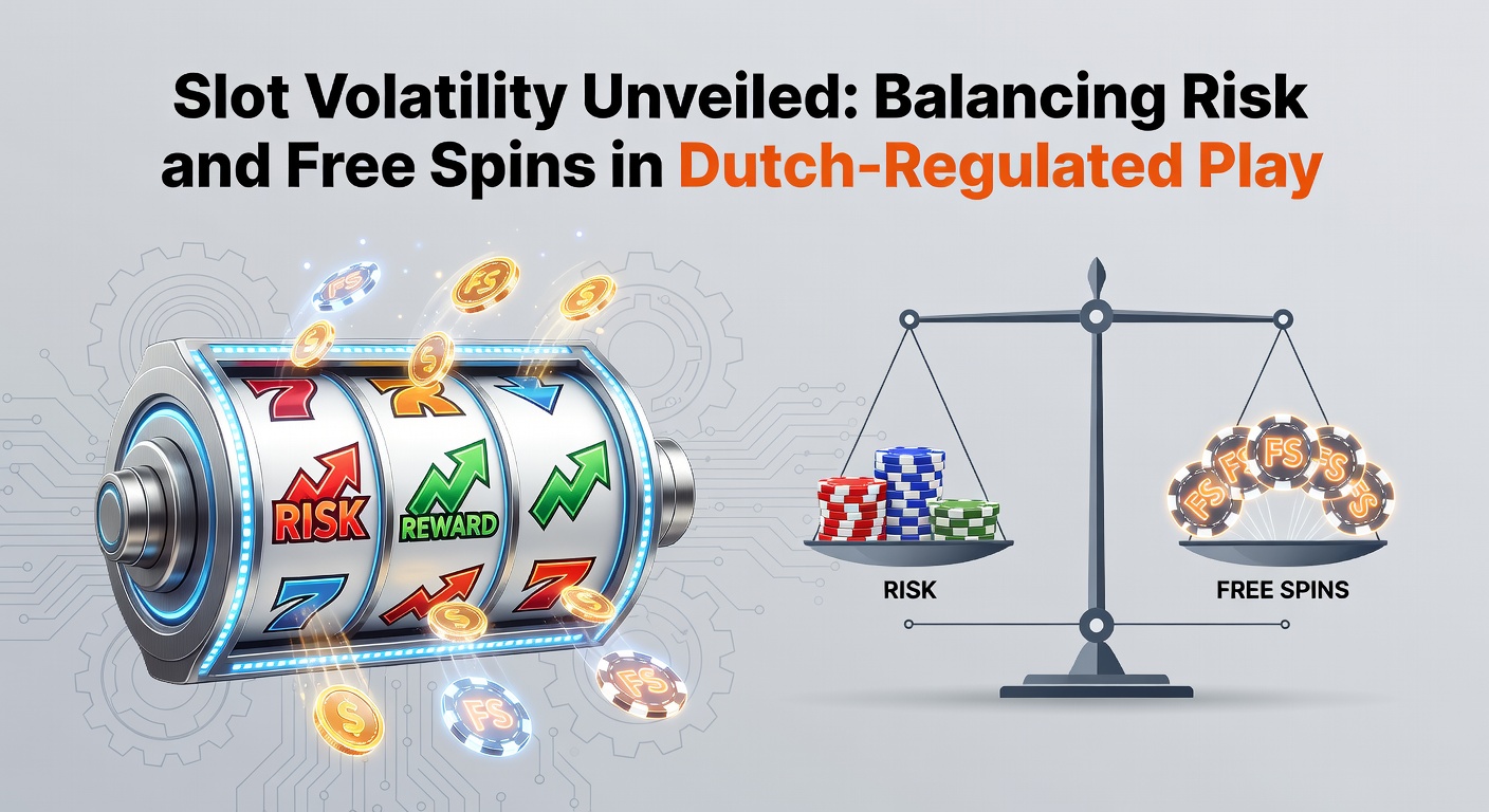 Grafiek met slotvolatiliteitcurves die lage, medium en hoge variantie tonen in een kleurrijke casino-omgeving