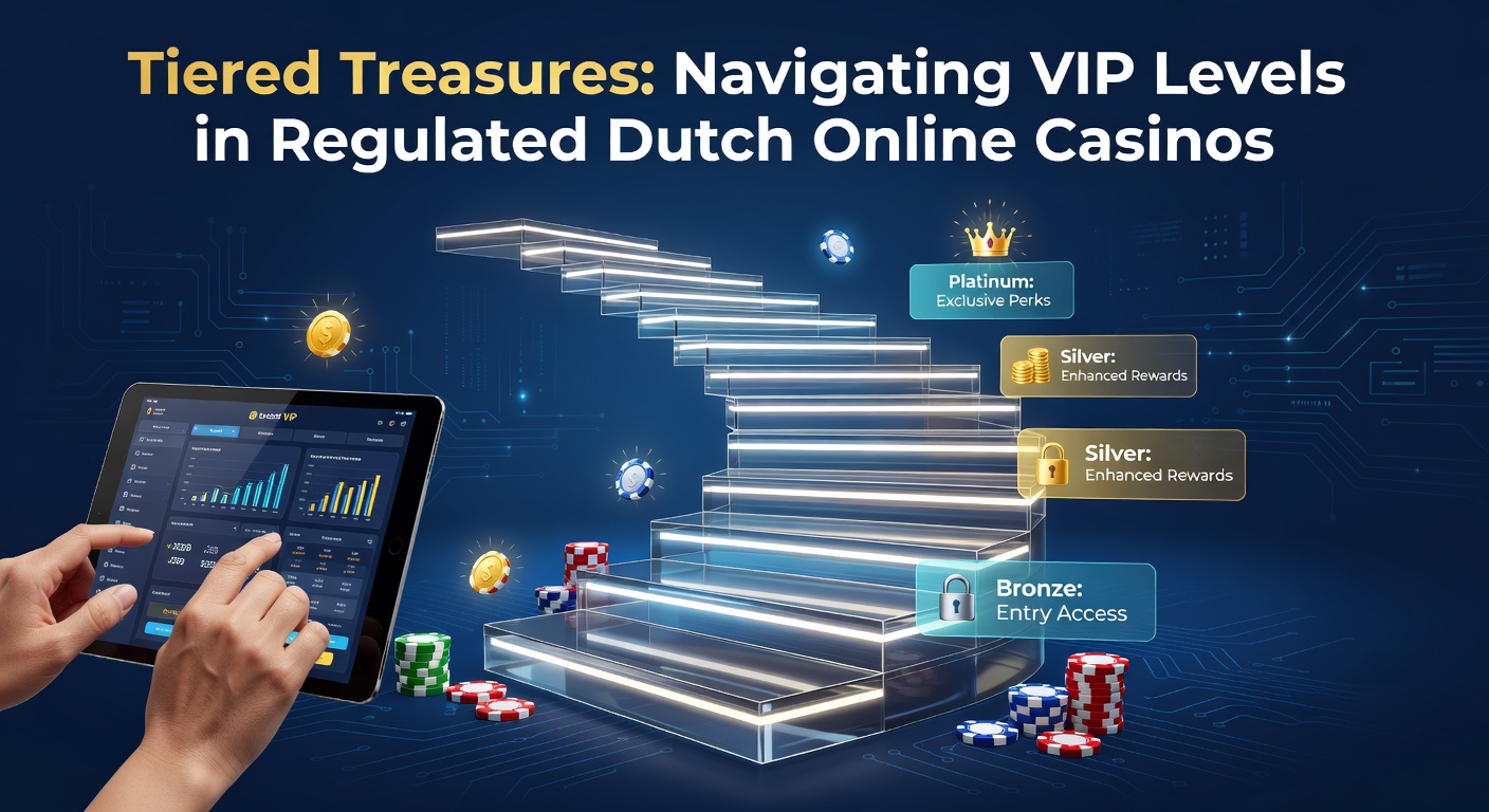 Grafische weergave van VIP-niveaus met trappen en schatten in een online casino-omgeving, symboliserend progressie en beloningen
